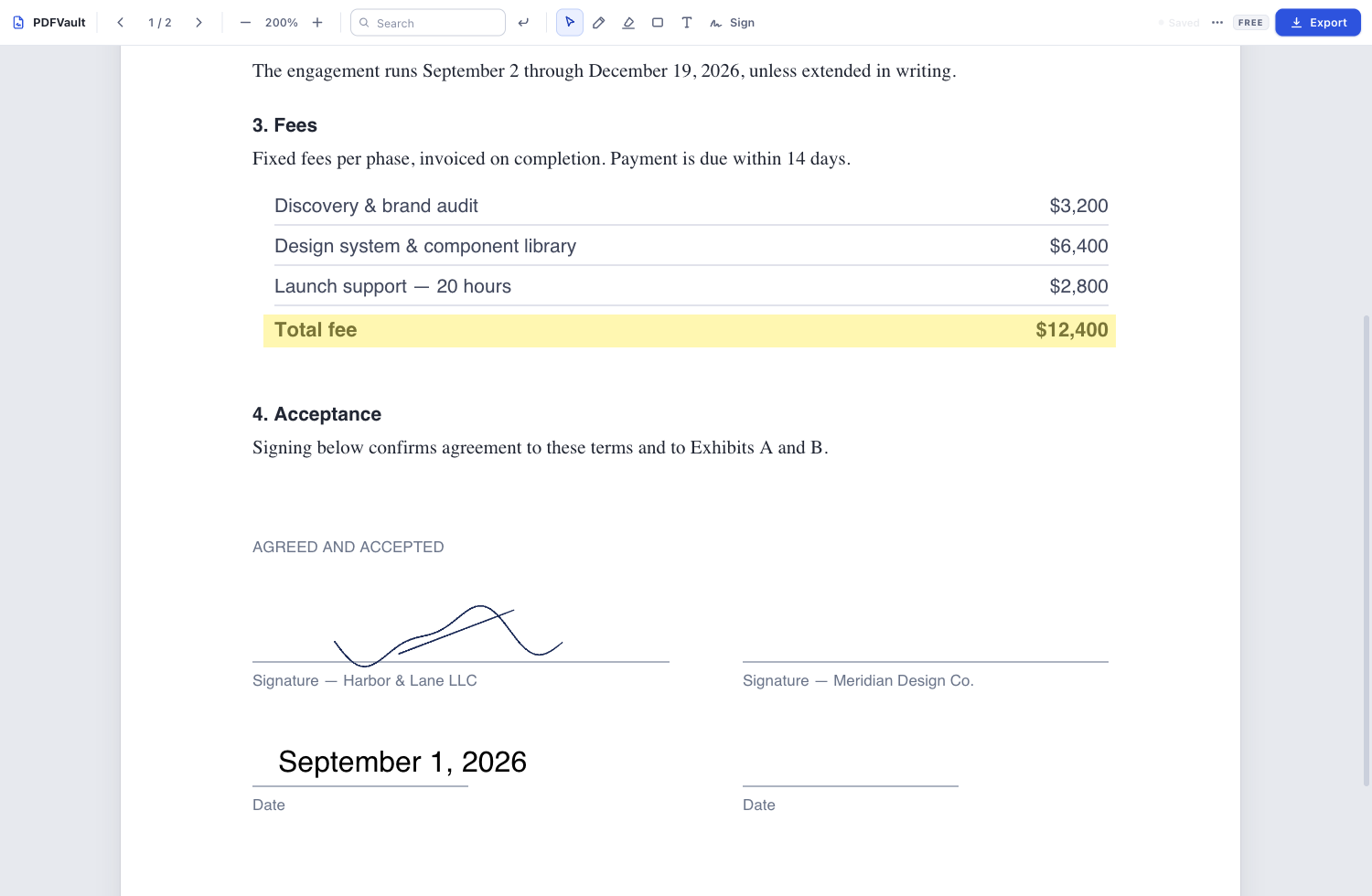 PDFVault displaying a two-page PDF inside its browser editor