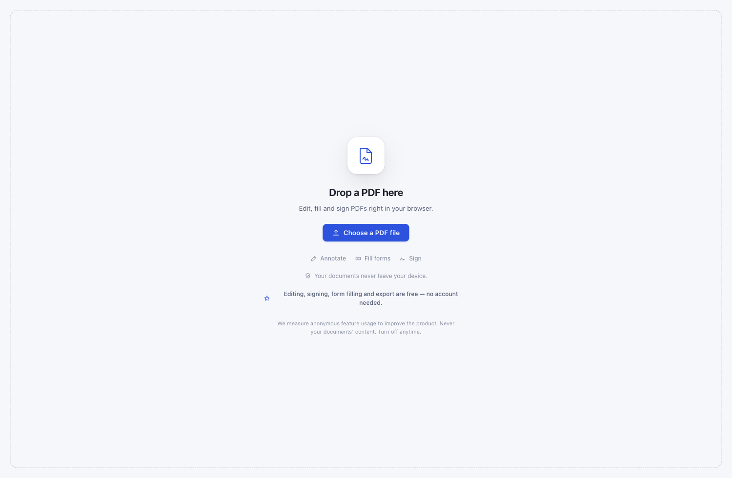 PDFVault empty state inviting the user to choose or drop a PDF